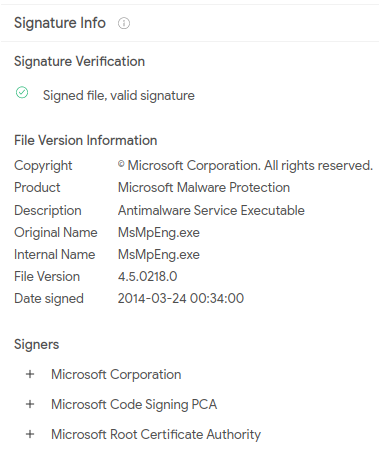 Fig. 2: Legitimate MsMpEng.exe file signed by Microsoft