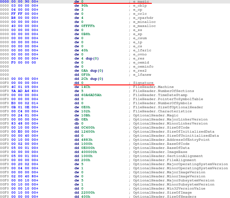 Fig. 15: Partially cleaned headers of REvil Portable Executable file - MZ and PE signatures are missing