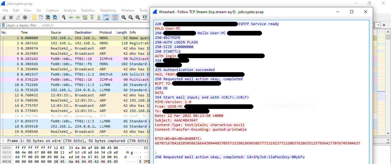 Obr. 1: Wireshark a analýza emailovej komunikácie ransomvéru JobCrypter